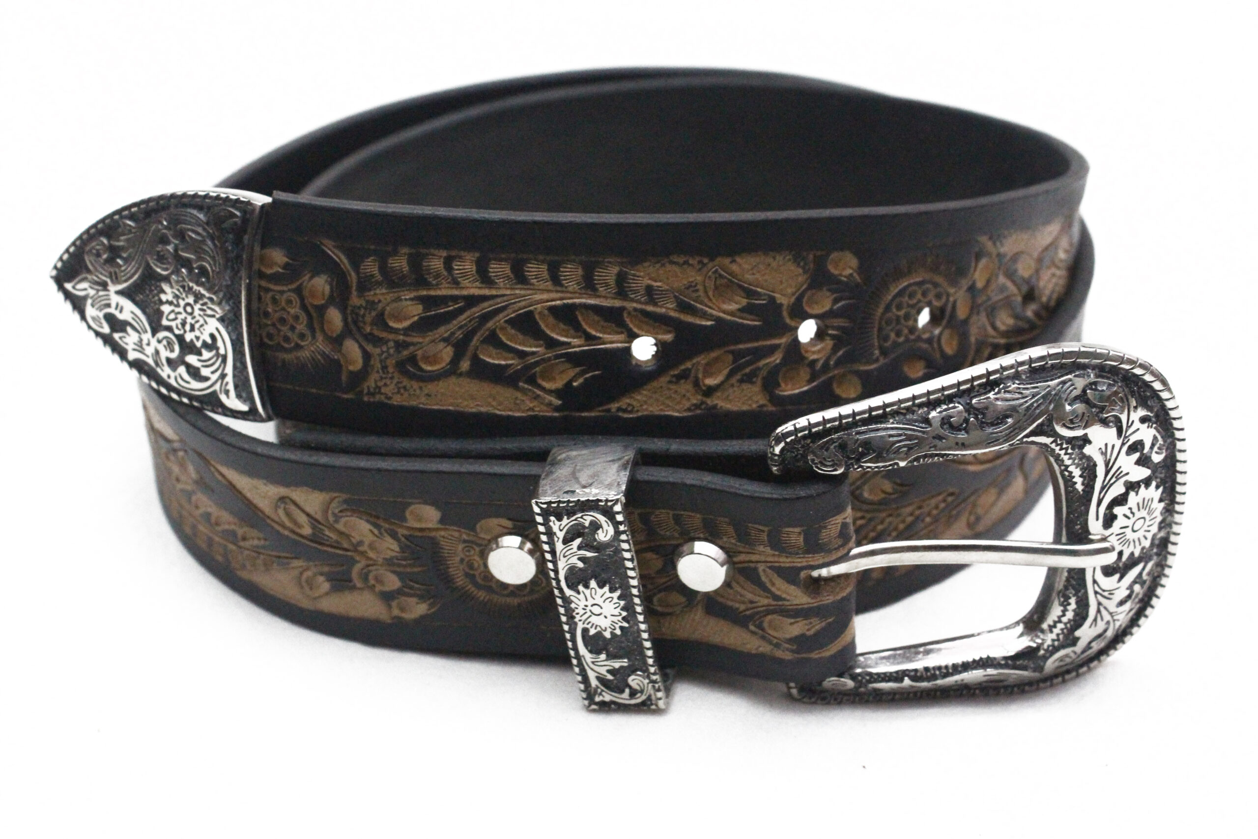 Pelt Leather Hand Tooled Belt with Silver western Buckle - Image 5