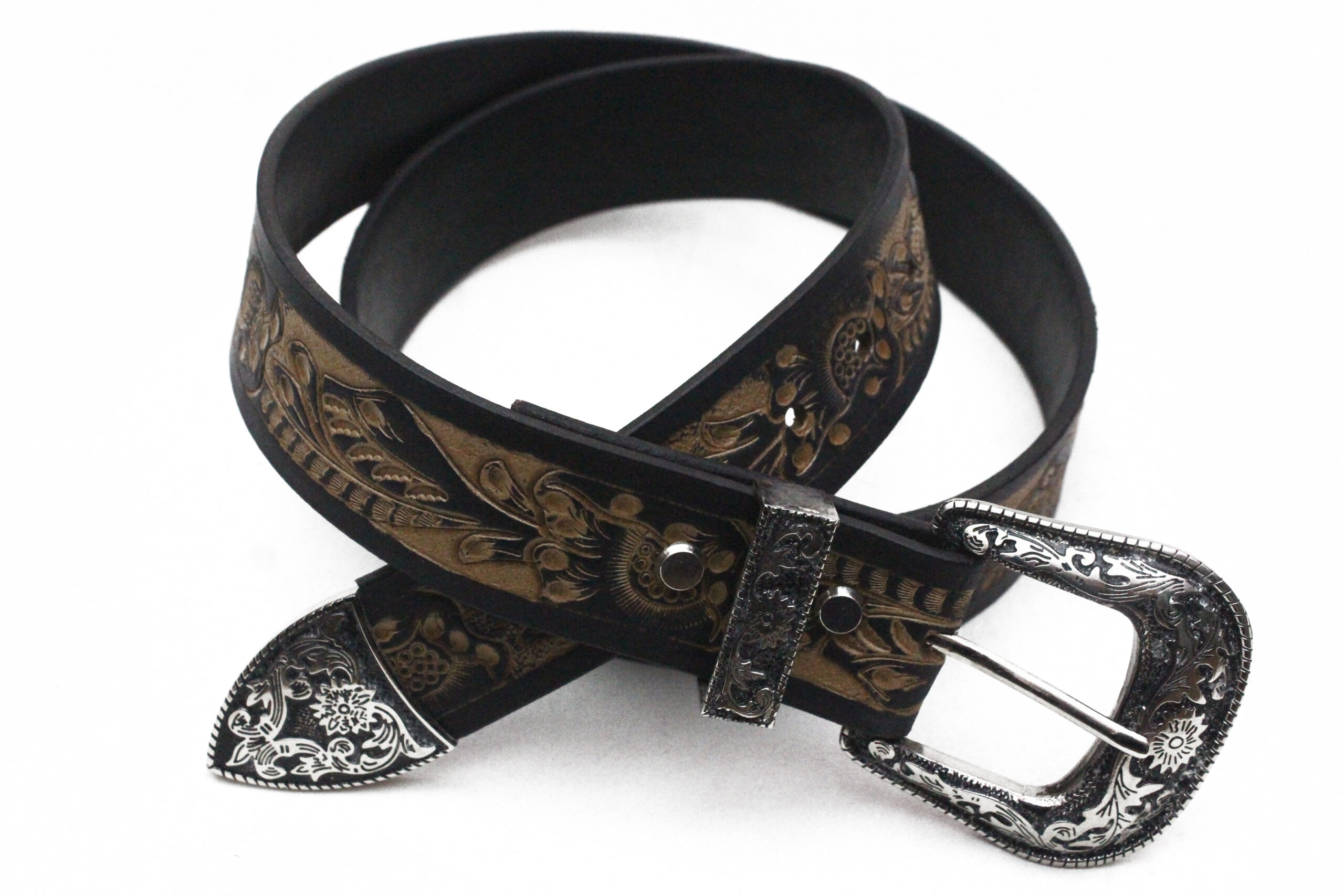 Pelt Leather Hand Tooled Belt with Silver western Buckle - Image 4