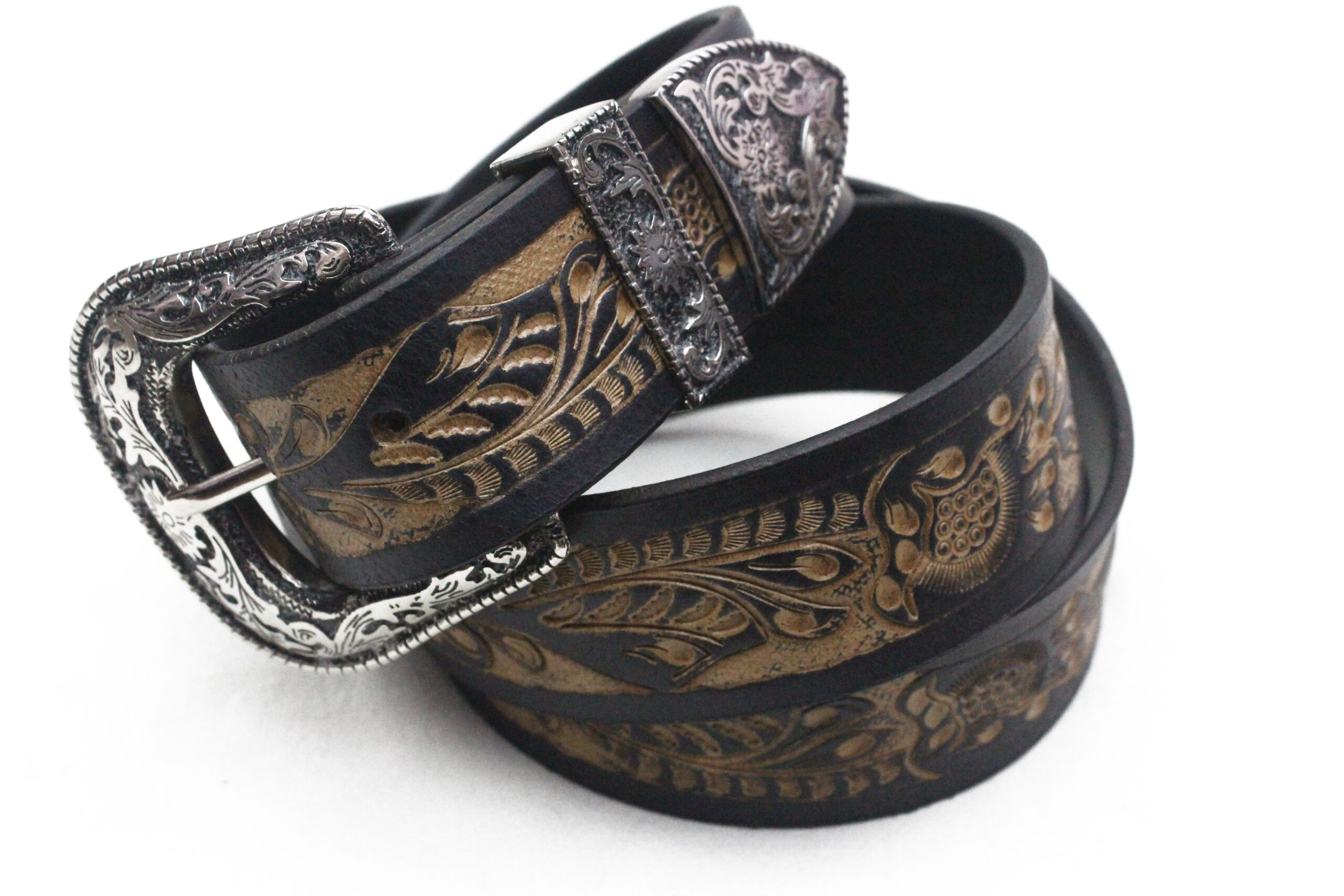 Pelt Leather Hand Tooled Belt with Silver western Buckle - Image 3
