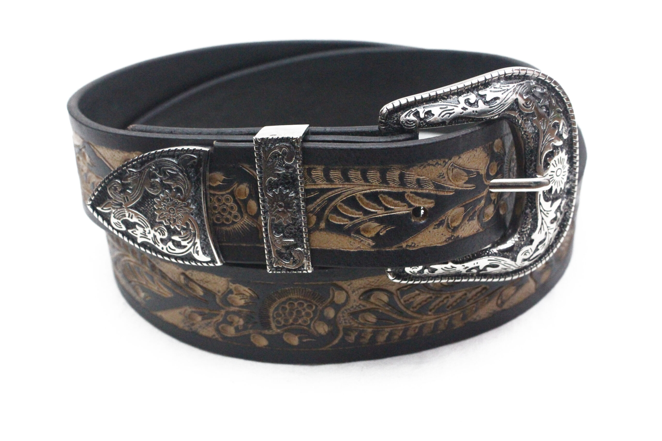 Pelt Leather Hand Tooled Belt with Silver western Buckle