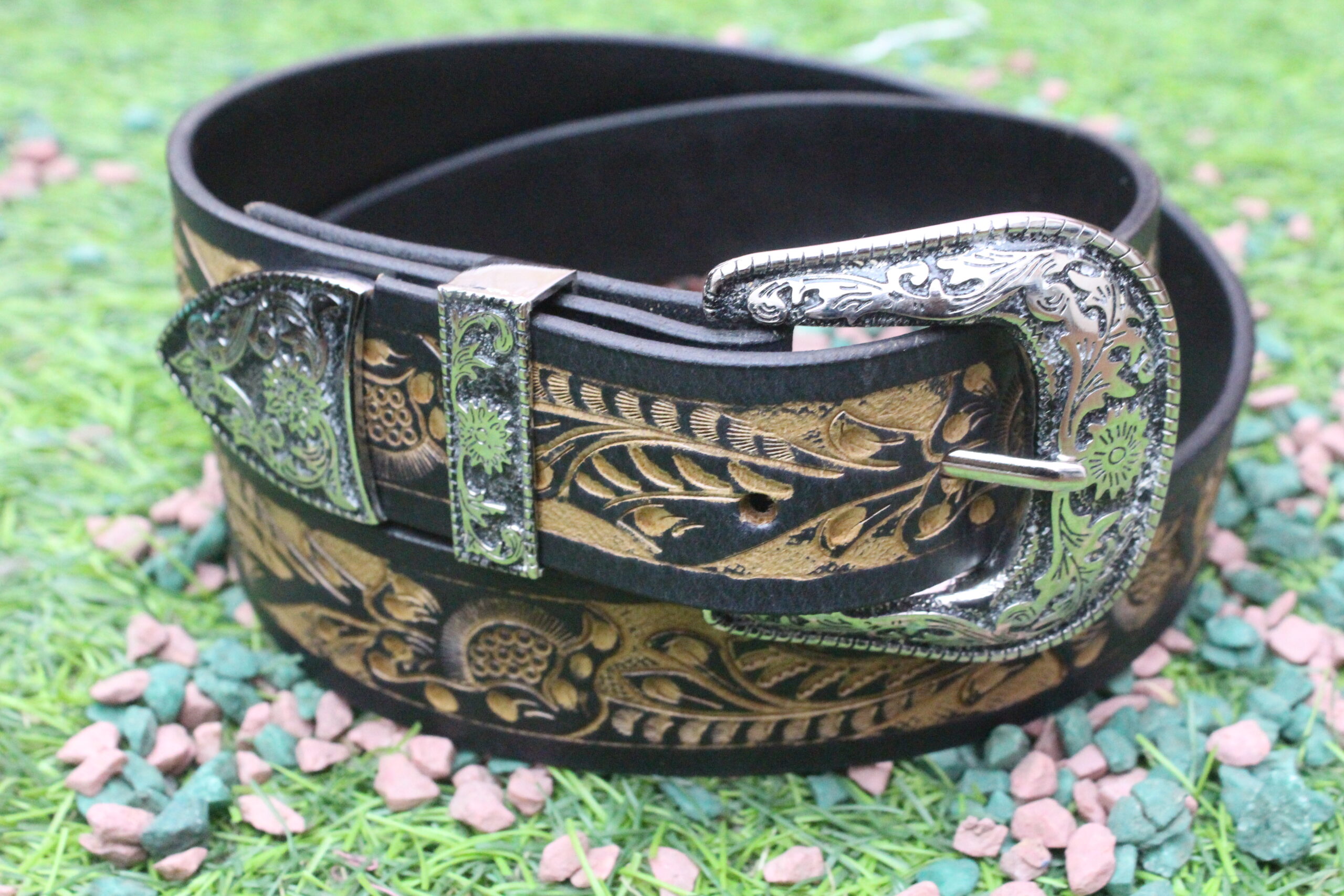Pelt Leather Hand Tooled Belt with Silver western Buckle - Image 2