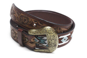 Genuine Leather Beaded Belt Floral Design