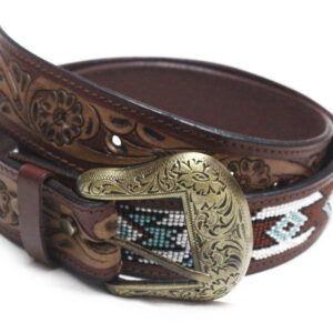 Genuine Leather Beaded Belt Floral Design
