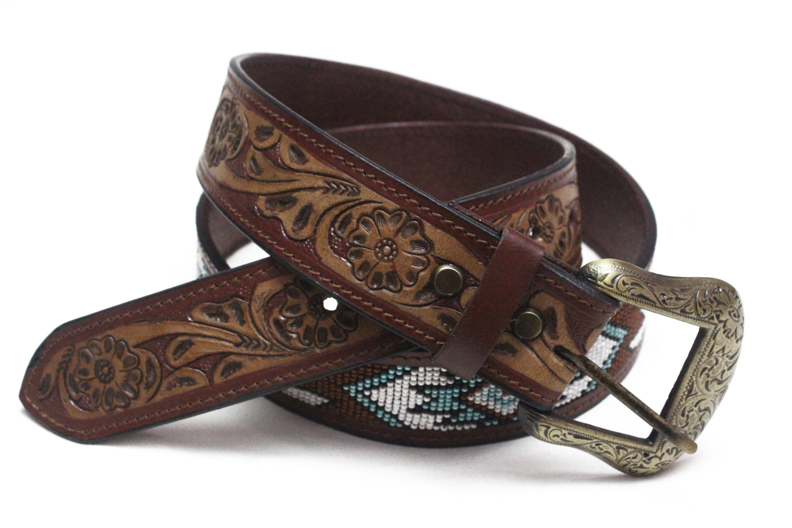Genuine Leather Beaded Belt Floral Design - Image 3