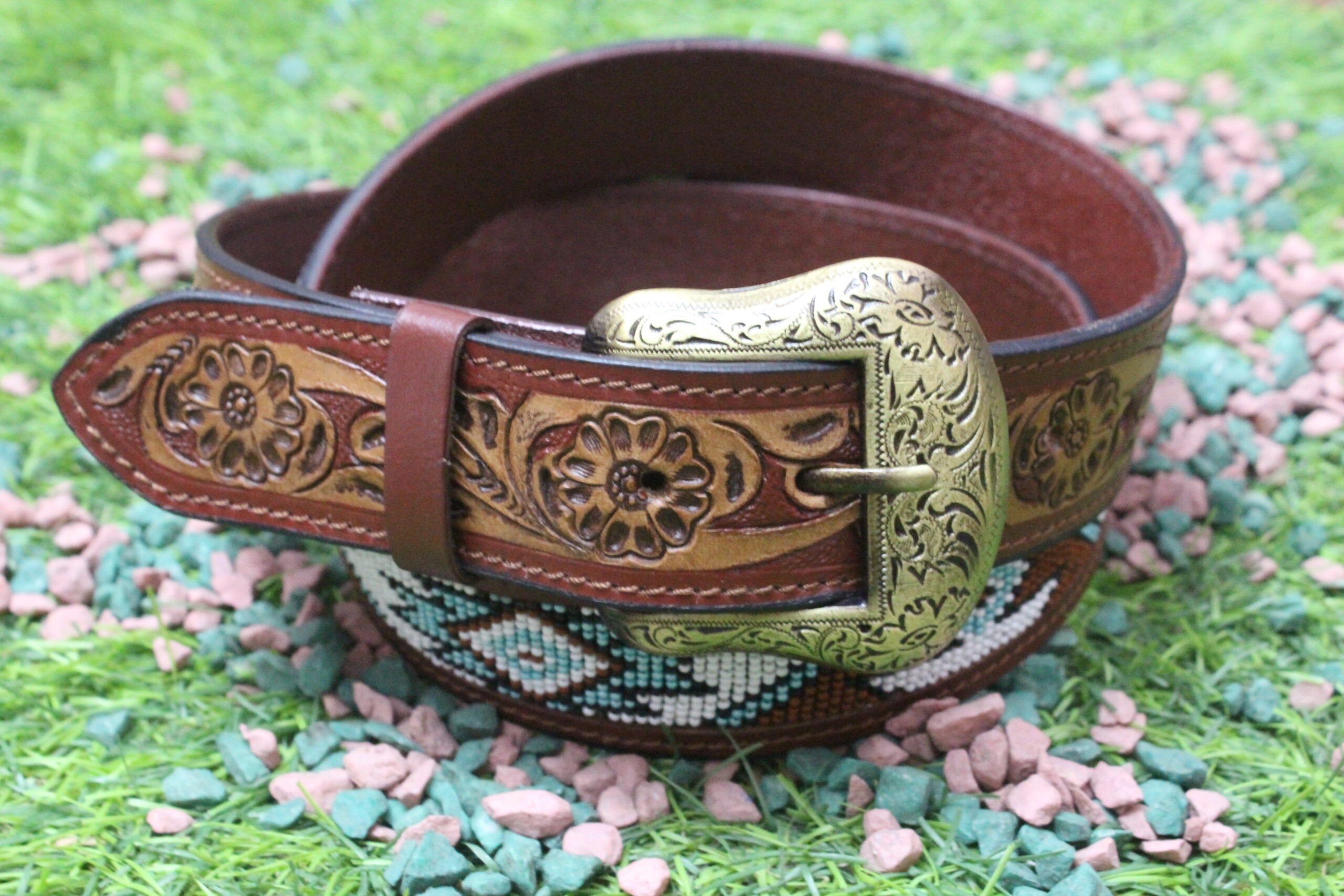 Genuine Leather Beaded Belt Floral Design - Image 2